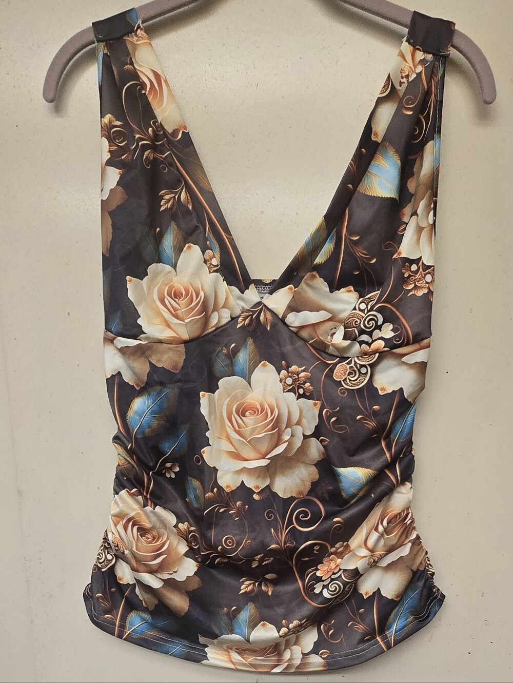Floral V-Neck Sleeveless Top in Brown and Cream